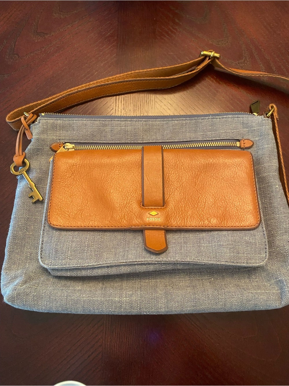 Fossil Kinley Crossbody Denim Canvas bag with Cognac Leather Trim